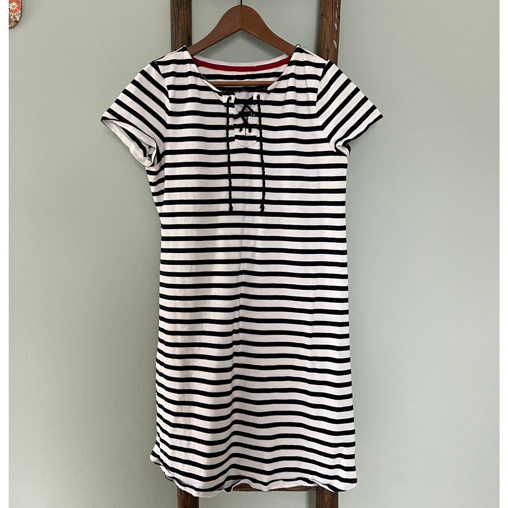 Talbots‎ Striped Knit Dress Lace-Up Neck Short Sleeve Casual White Black M